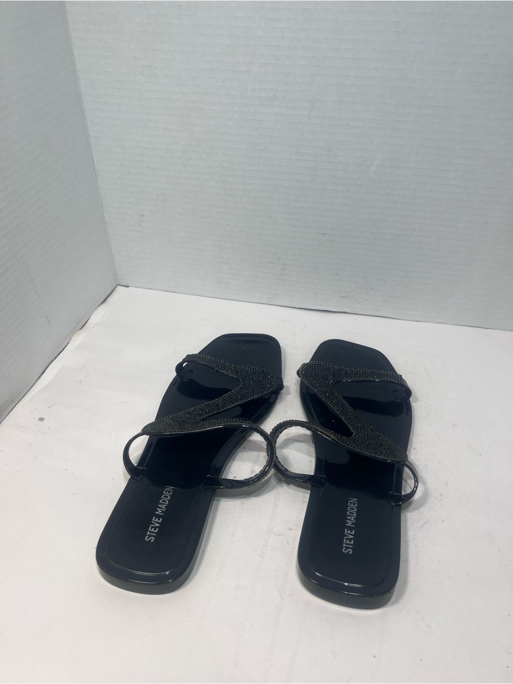 Steve Madden Black Rhinestone Cross-Strap Slide Sandals - Picture 4 of 5